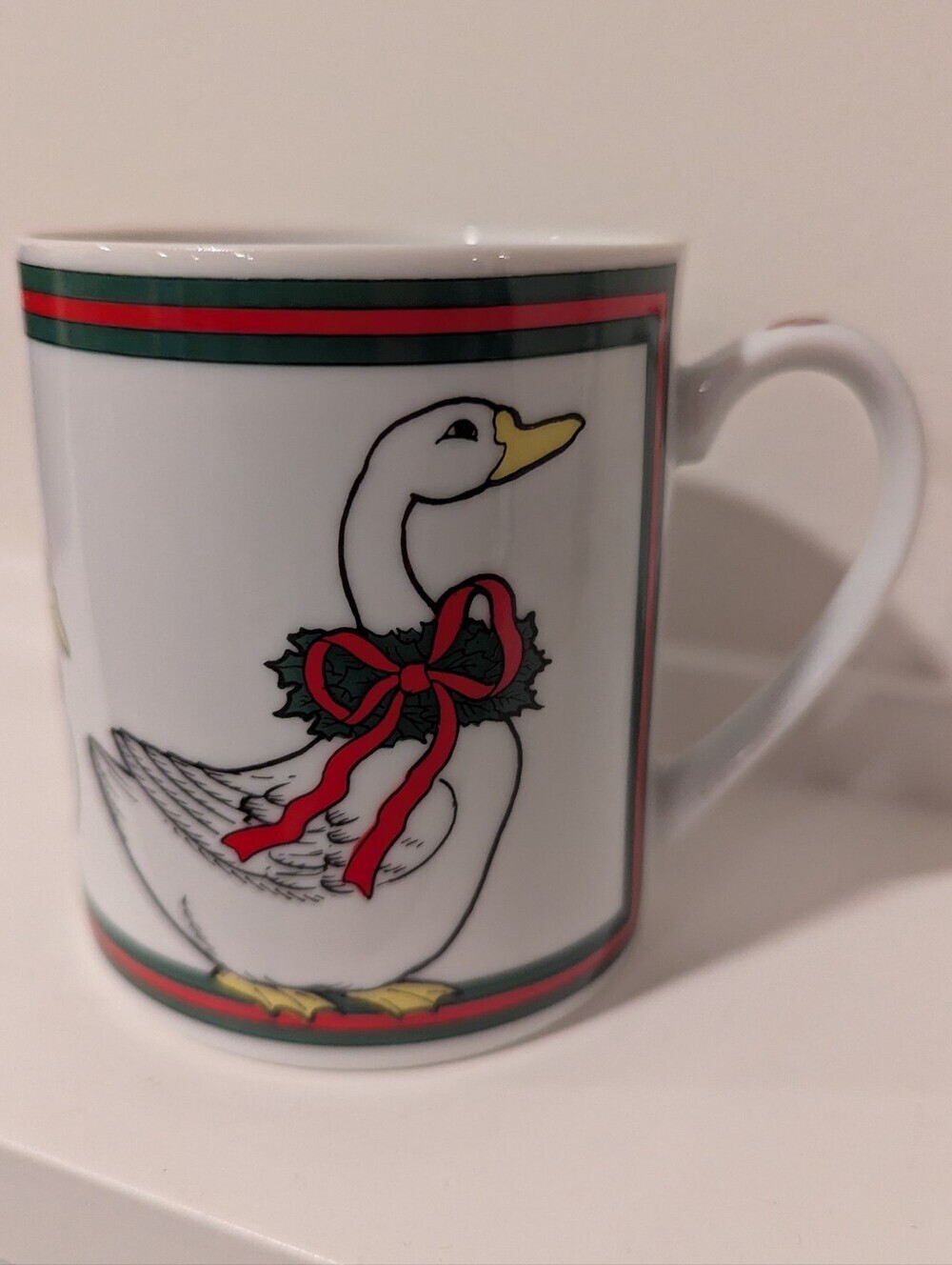 Vintage 1981 White Holiday Goose Ceramic Mug with Red & Green Trim